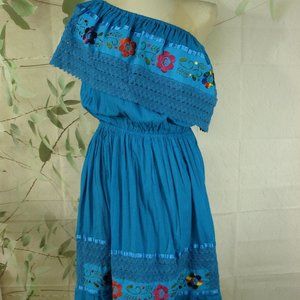 Bright Turquoise Aqua  Mexican Floral Embroidered Dress Off Shoulder Summer